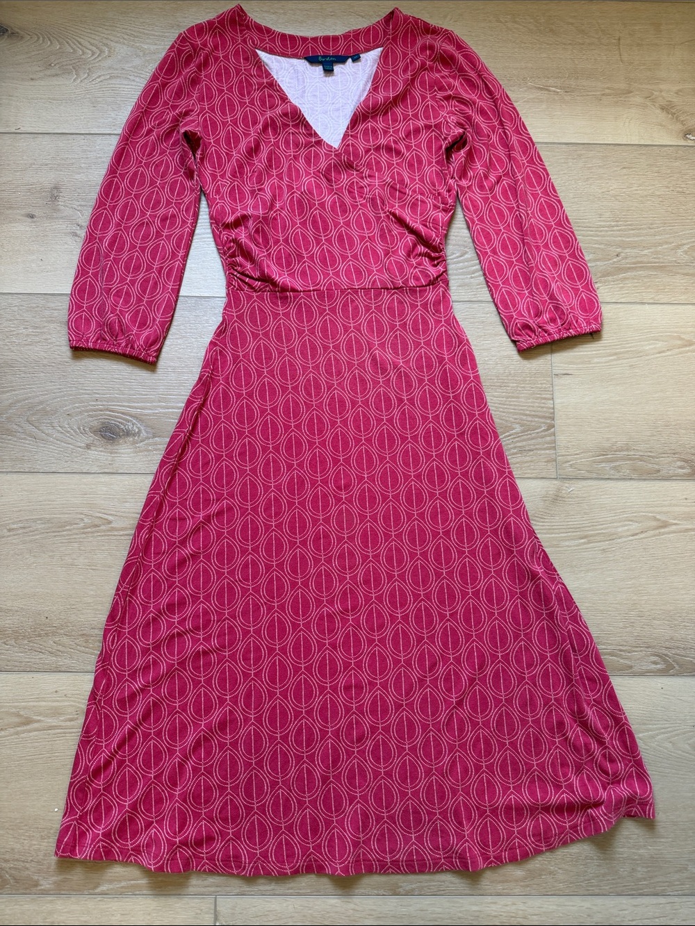 Boden Red Geometric V-Neck 3/4 Sleeve Faux Wrap Midi Dress